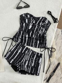SHEIN Swim Swim Lushore-D Women's Summer Black Striped Print Criss-Cross Front Slimming Camisole Strap Bikini Swimwear For Beach Vacation Tropical - Multicolor - View 3