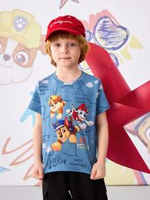 SHEIN | PAW Patrol Áo thun ngắn tay in chữ hoạt hình ngộ nghĩnh, phong cách thường ngày, thời trang cho bé trai, thích hợp mặc đi làm hàng ngày, mùa hè. - Màu xanh lá cây đậm - Xem 2
