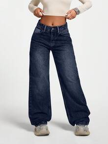 SHEIN PETITE Petite LOW WAIST CASUAL STYLE DENIM STRAIGHT Back-To-School School Dark Blue Autumn - Dark Wash - View 7