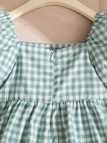 SHEIN Elladie kids 1件装 女童夏季新款露肩泡泡袖荷叶边蝴蝶结腰带格子A字可爱甜美公主裙 - 綠色 - 查看 9