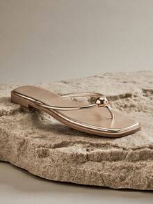 SHUZIA Women's Casual Ball Ornament Thong Strap Flip Flop Flat Sandals - Gold - View 5
