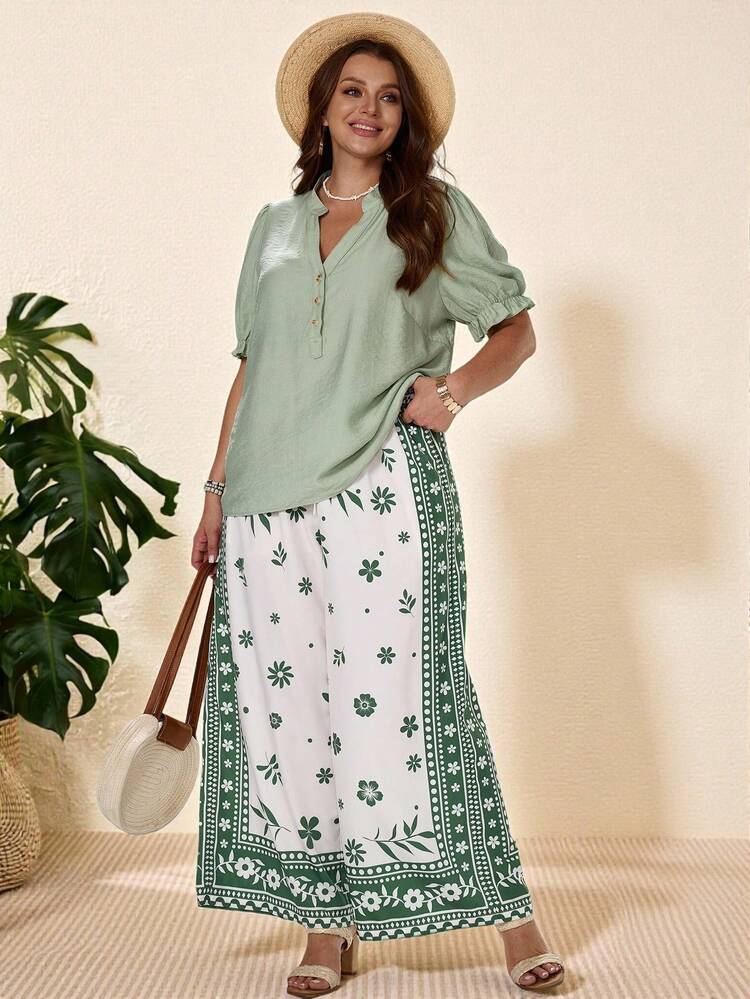Plus Size Women Floral Print Drawstring Waist Loose Wide Leg Pants, Suitable For Beach & Holiday Boho Pants Green And White Pants Festival Trousers Mexican Pants,Summer Outfits For Womenm, Vacation Outfits Women ,Casual Blouse For Wome,Summer Holiday Outfits ,Country Style For Women Boho Pants For Women Yoga Pants Yoga Trousers Womens Pants Floral Print Pants