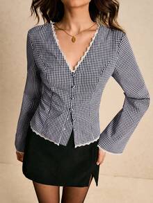 Poéselle Áo sơ mi dài tay kẻ caro viền ren dành cho nữ - Màu xanh hải quân - Xem 7