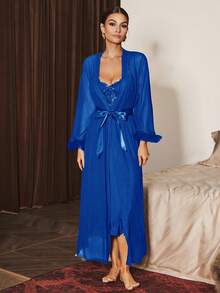 Slumberist 2pcs/Set Fishbone Design Waist Lace Camisole Nightgown + Floral Trim Wide Sleeve Mesh Robe - Royal Blue - View 8
