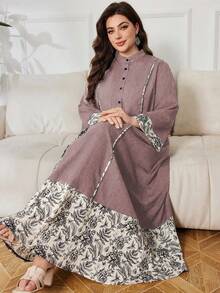 Lacomfia Casual Print Patchwork Long Sleeve Loose Regular Spring/Autumn Plus Size Dress - Mauve Purple - View 1