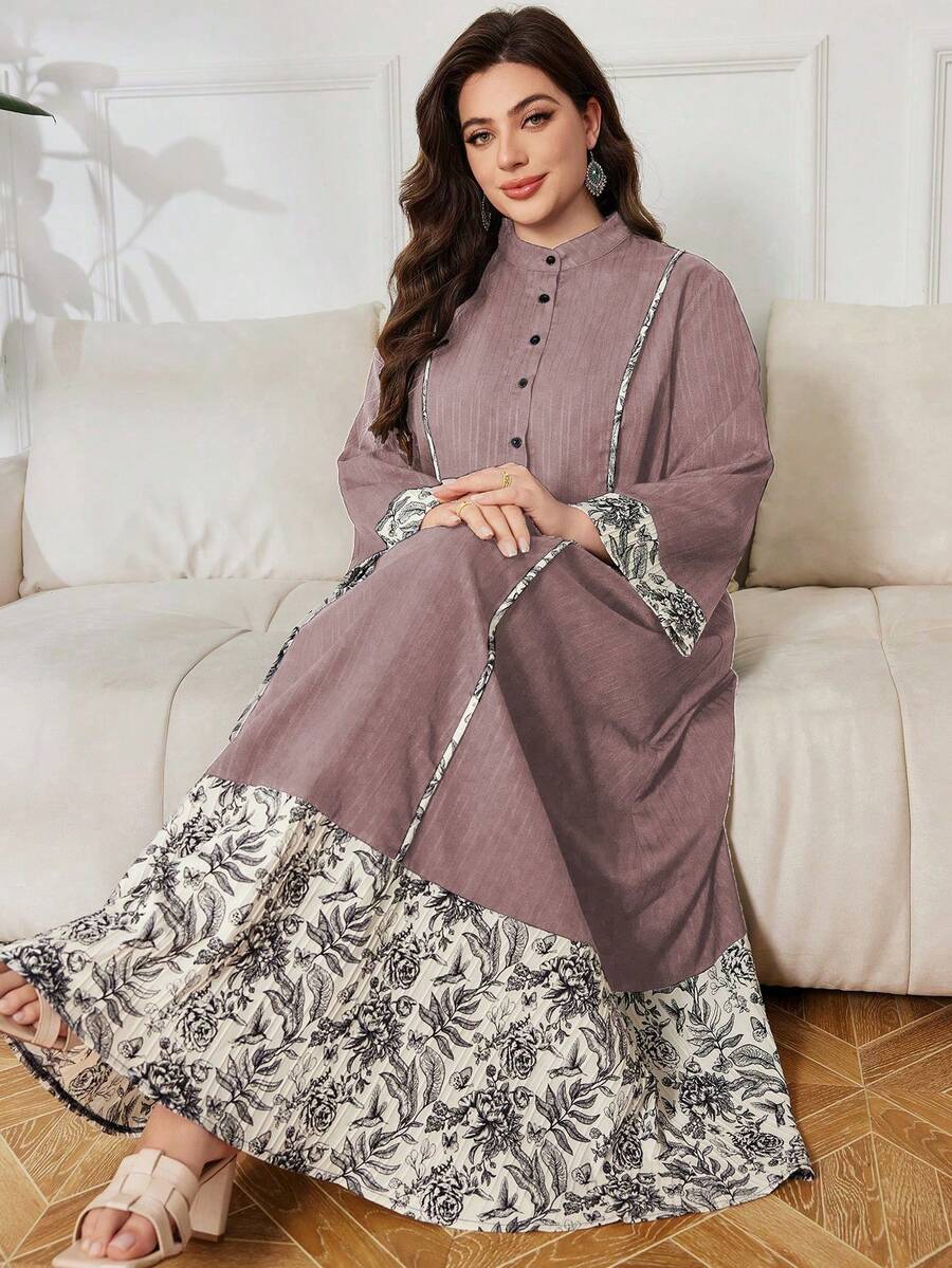 Lacomfia Casual Print Patchwork Long Sleeve Loose Regular Spring/Autumn Plus Size Dress - Mauve Purple - View 1