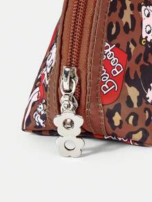 Betty Boop x SHEIN 1个纸箱图案化妆包，便携式拉链化妆品收纳袋，多功能整理包，轻便旅行包 - 豹紋棕 - 查看 3