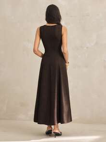 SHEIN Tall 夏季新款褶皱无袖A字连衣裙，优雅女士连衣裙，派对棕色休闲款 - 棕色 - 查看 2