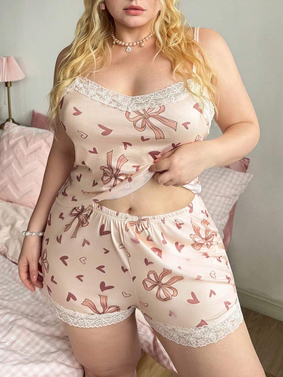 Slumberry CURVE Cute Heart & Bow Lace Camisole Plus Size Knit Pajama Set - Multicolor - View 1
