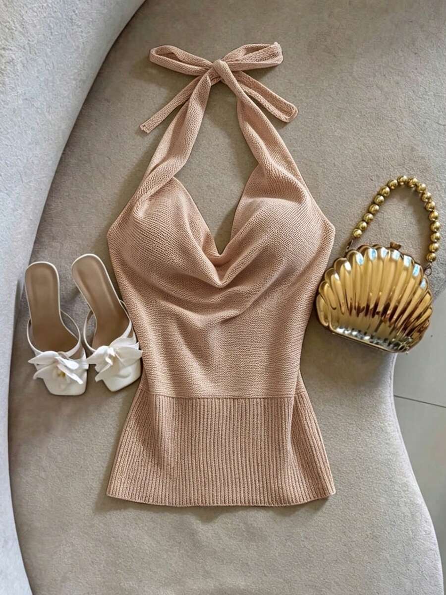 GlowEve Women's Fashion Solid Color Halter Backless Knit Top - Apricot - View 1