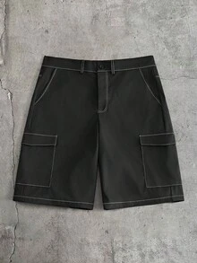 AXEPEAK Set Kemeja Pria Modis dan Serbaguna dengan Bordir Huruf, Model Kancing Tunggal, dan Celana Pendek Kasual dengan Saku - Hitam - View 5