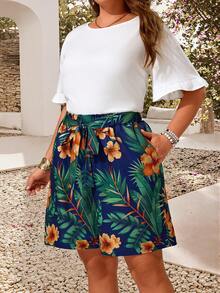 EMERY ROSE Plus Size Women's Tropical Plant Printed Loose Shorts With Pockets, Great For Vacations And Western Wear Women Beach Women Summer - Multicolor - View 5