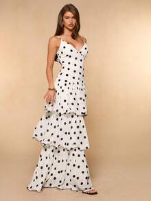 SHEIN BAE Spring Summer Solid White With Black Polka Dots Fitted Multilayer Ruffle Hem Women's Elegant Long Slip Dress, Ruffle Hem Dress Vacation - Black and White - View 6