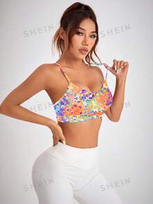 SHEIN Sovereign Charm 女士彩色印花交叉肩带运动文胸 - 彩色 - 查看 3