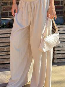 Theaadoraa Loose Textured Casual Wide Leg Pants, Summer Resort Wear, Fall Women , Vacation Women - Apricot - View 4