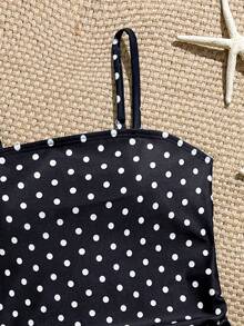 SHEIN Tween Girl Tankini Set,Brown Polka Dot,Summer,Cute,Beach,Holiday,Spaghetti Strap Tankini Swimwear,Elegant Ladylike Sports,Swimming,Pool,Summer Gift - Black and White - View 4