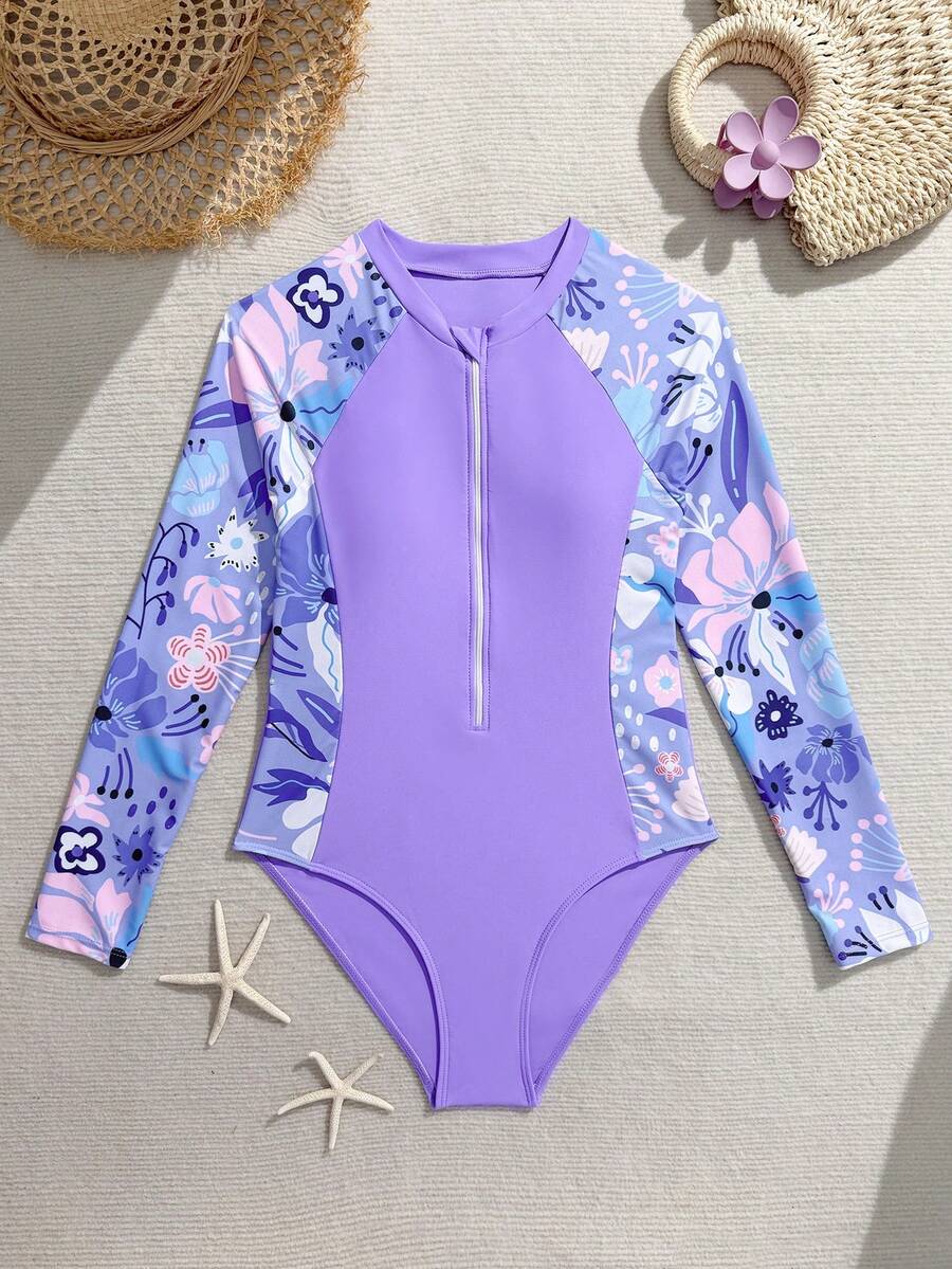 SHEIN 少女连体渐变碎花长袖前拉链泳衣,设计简约,Y2K风格,适合游泳、冲浪、度假、新年、春假、海滩等场合。 - 紫色 - 查看 1