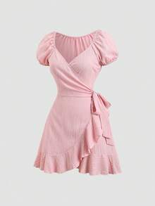 Sweetra Women's Elegant Sweet Tie-Waist Asymmetric Ruffle Hem Dress - Pink - View 3