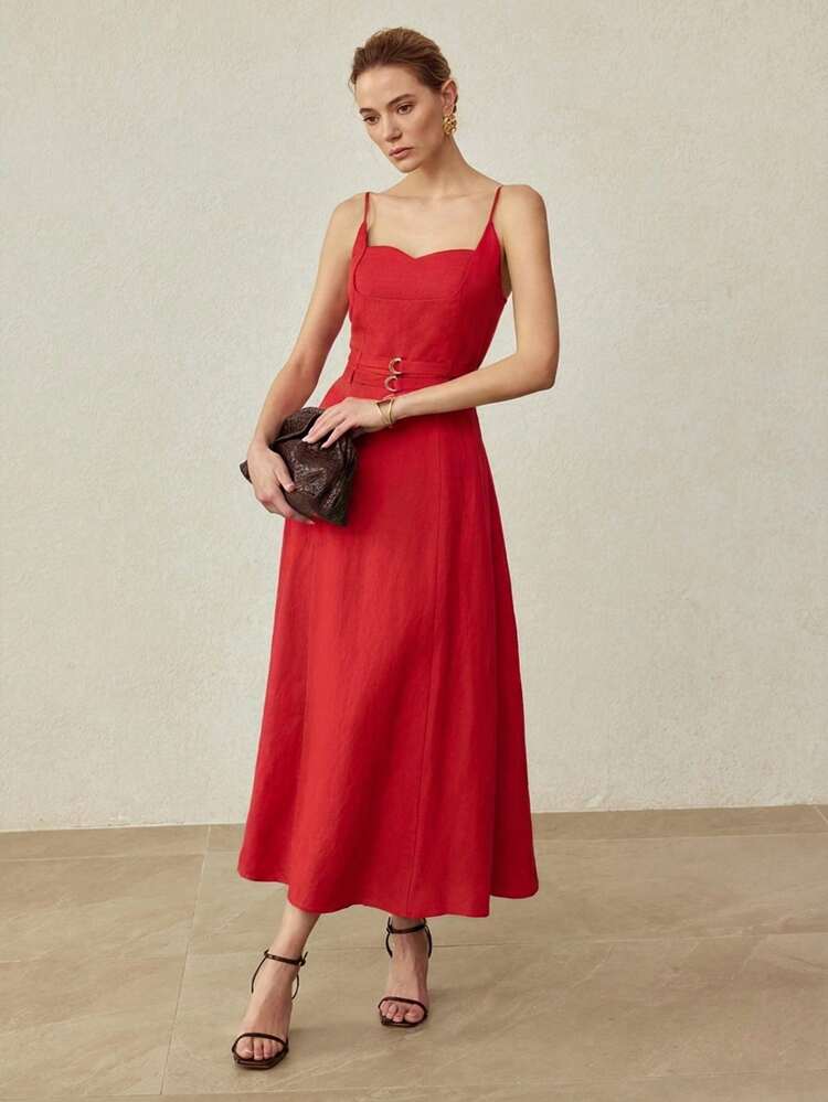 LINEN MINIMALIST ELEGANT DOUBLE WAISTBAND FLARED MIDI DRESS, SPRING/SUMMER