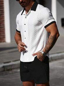 Manfinity CasualCool Men's Summer Casual Textured Fabric Contrast Color Short Sleeve Shirt And Shorts Set Men Summer Shirt - Black and White - View 6