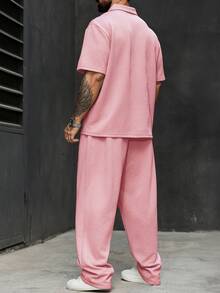 Manfinity Homme Plus Size Men's Zip-Up Half Placket Short Sleeve Polo Shirt And Casual Drawstring Waist Pocket Pants Set - Dusty Pink - View 2