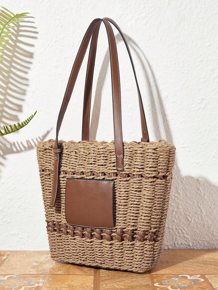 SHECARRY 女士手提包,时尚度假编织单肩包 - 駝色 - 查看 1