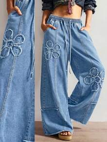 Bohemela Plus Size Women Casual Vacation & Commute Distressed Floral Print Drawstring Waist Loose Wide Leg Jeans - Light Wash - View 1