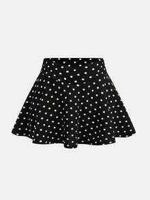 SHEIN Girlism Quần short dệt kim chấm bi mùa xuân/hè cho thiếu nữ, có quần lót kín đáo bên trong, chân váy thể thao cạp chữ V, đồ thể thao năng động. - Đen và trắng - Xem 5