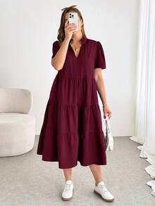 Shapeblank Đầm midi ngắn tay màu đen cơ bản, thoải mái, rộng rãi, đa năng dành cho nữ cỡ lớn mùa xuân/hè, trang phục mùa hè, đầm có túi, đầm thanh lịch, đầm đen cơ bản. - Màu Đỏ Sâu - Xem 4