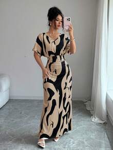 Elenzga 女士时尚印花V领短袖褶皱腰身修身浪漫优雅休闲通勤约会派对晚宴连衣裙，春夏款 - 彩色 - 查看 3