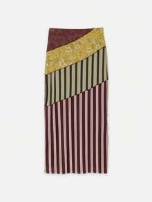 Nöista Patchwork Midi Skirt Features A High-Waisted, H-Line Silhouette With Unique Visual Impact From The Diagonal Design.Comfortable To Wear. - Multicolor - View 6