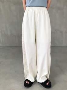 FRIFUL Women's Elastic Waist Side Lace Patchwork Loose Wide Leg Floor Length Solid Color Pants - White - View 3