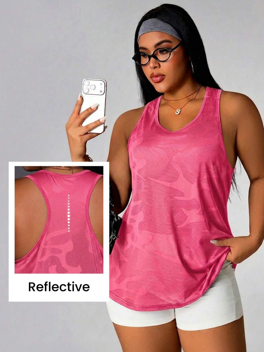 SHEIN Rhythm Era Áo tank top thể thao tập luyện thường ngày in họa tiết rằn ri dành cho nữ cỡ lớn - Màu Hồng Tươi - Xem 1