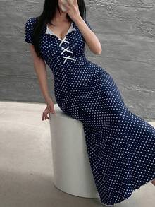 Feyla Vestido de fiesta midi elegante con cintura ceñida y decoración de lazo con lunares para mujer - Azul Marino - Ver 6