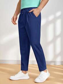 HIMLAND Pantalones casuales de hombre de unicolor con cordón en la cintura, ajuste delgado, adecuados para el uso diario - Azul - Ver 5