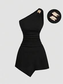 Sweetra Plus Size Women Summer Elegant Black And Gold Asymmetric Shoulder Dress,Textured Ruched Metal Button Y2K Night Out Club Commuter Vacation Dress - Black - View 3
