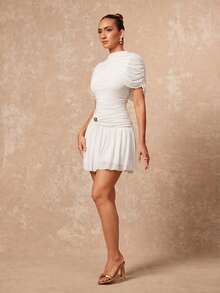 Lumalex Vestido corto elegante y sexy de mujer con cuello, sin mangas, fruncido y acampanado, en color albaricoque, para primavera/otoño - Blanco - Ver 5