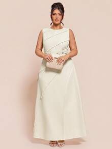 SHEIN BAE Women's Elegant White Summer Wedding Sleeveless Maxi Dress,Plus Size Chic Round Neck Long Gown With Unique Panel Design And Waist Flower Accent - Beige - View 3