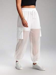 SHEIN EZwear 大码休闲运动裤，带口袋，适合日常穿着，白色 - 白色 - 查看 5