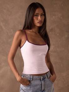 SHEIN Tall CURVE 大码夏季简约百搭撞色滚边修身吊带背心 - 淺粉色 - 查看 7