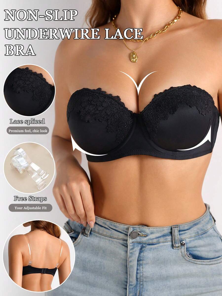 SHEIN Sexy Lace Bandeau Bra For Women - Black - View 1