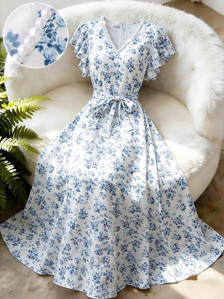 GlowEve 2026 Summer New V-Neck Beaded Floral Print Ruffle Sleeve Dress For Women Golf White Sexy - Multicolor - View 1