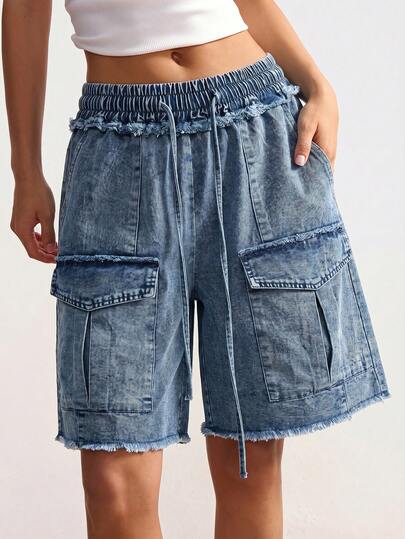 Bohemela Women's Fashionable Versatile Drawstring Waist Pocket Denim Shorts Summer Festival Outfits For Women  Festa Junina Beach Outfits Going Out Outfits Vacation Outfits Women Y2K Blue