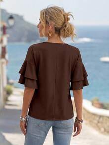 Women's Double Layer Ruffle Trim Short Sleeve T-Shirt - Coffee Brown - View 2