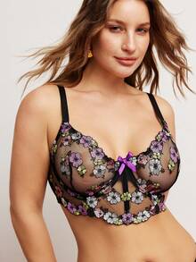 Elorette 2pcs Plus Size Women Contrast Color Embroidered Sexy Lingerie Set - Black - View 2