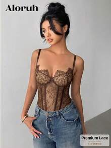 Aloruh 女士花卉蕾丝性感吊带连体衣 - 咖啡棕 - 查看 6