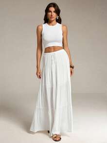 SHEIN Tall 2pcs Women Plain Cropped Tank Top And Long Skirt Set - White - View 3