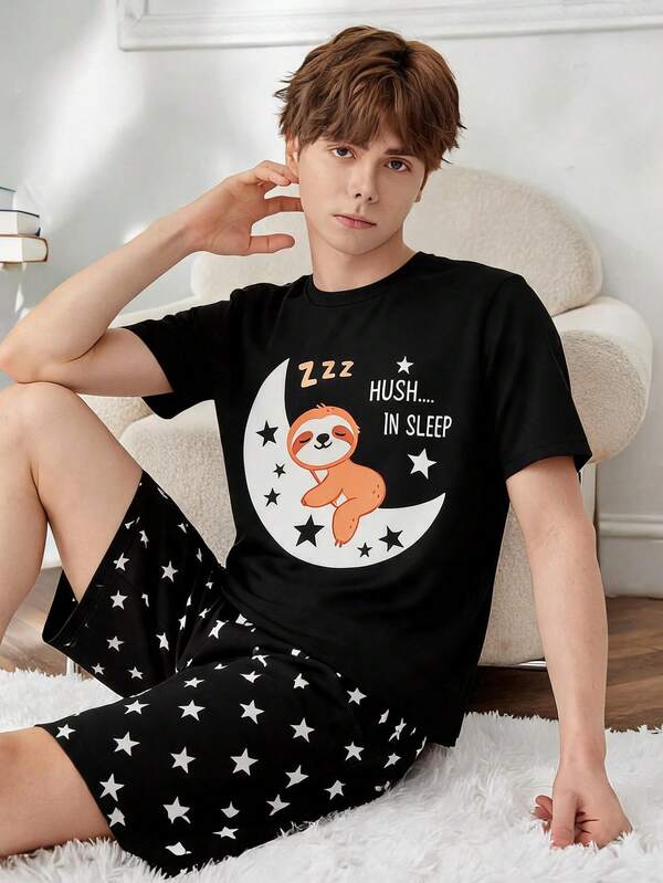 SHEIN Kids Teen Boy 2 Pieces Casual Letter Graphic Print Crew Neck Short Sleeve Top And Shorts Pajama Set