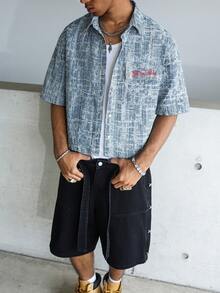 STEELVANCE Áo sơ mi nam tay ngắn chất liệu denim xanh thêu họa tiết jacquard phong cách đường phố thường ngày. - Rửa nhẹ - Xem 5