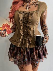 Whyspr Blouse grande taille d'été vintage à col carré, manches courtes, cordon de serrage, patchwork de dentelle, cintrée à la taille et amincissante - Tabac - Voir 7